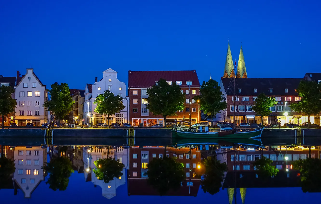 Photo wallpaper the sky, lights, reflection, river, boat, home, Germany, mirror