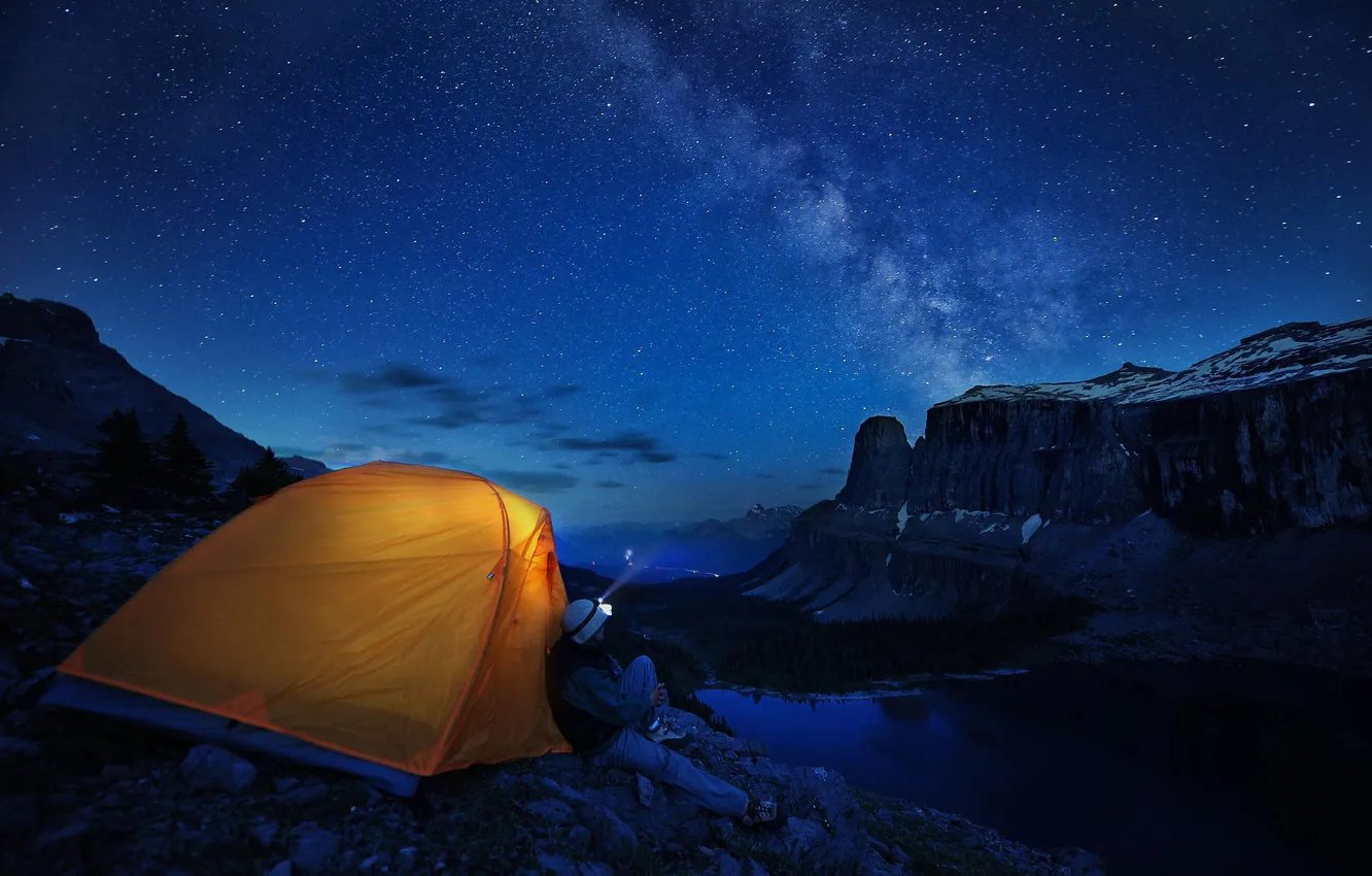 Photo wallpaper forest, mountains, night, lake, traveler, tent, gorge
