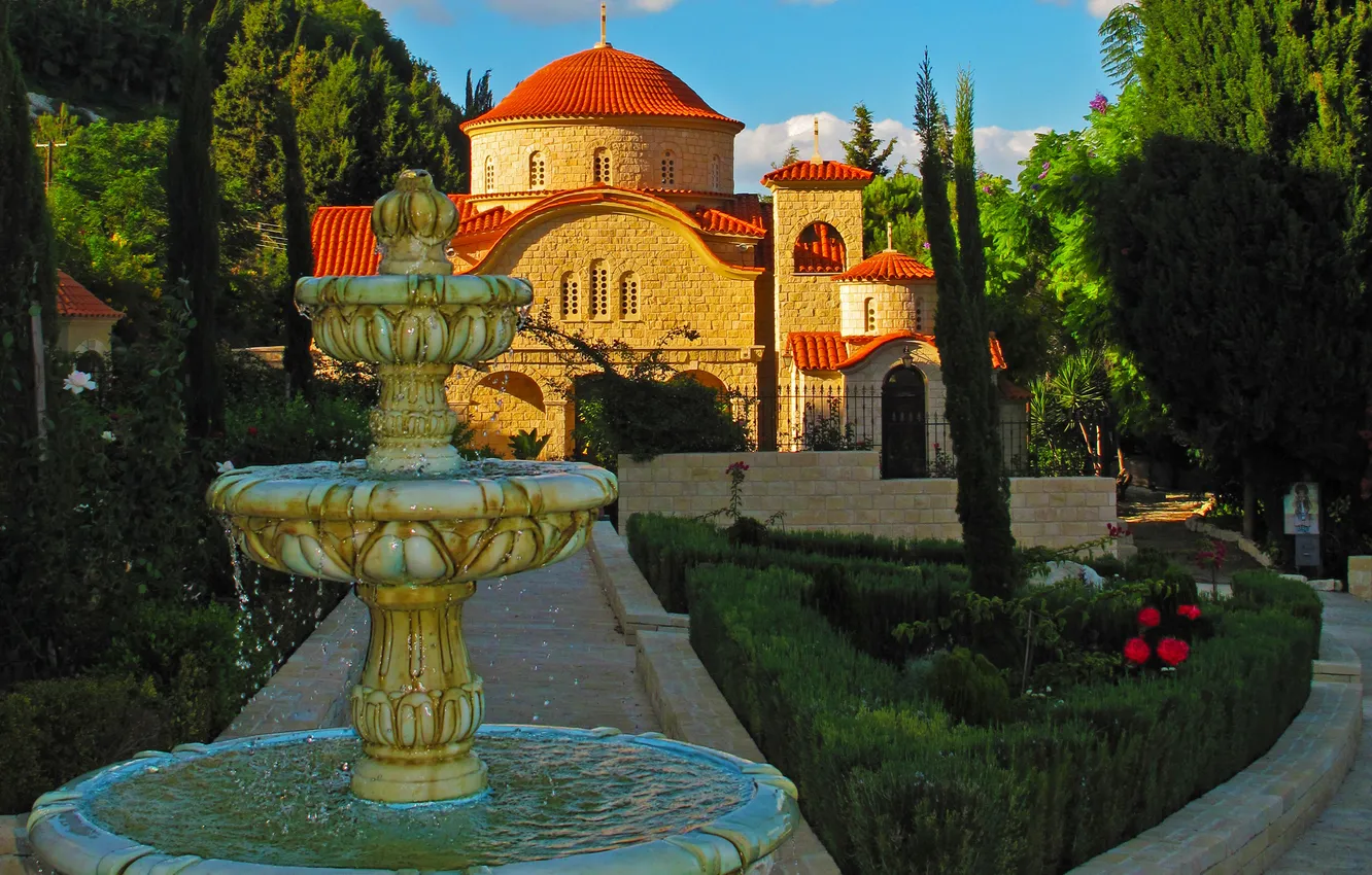 Photo wallpaper trees, Park, Greece, track, fountain, temple, the monastery, Limassol