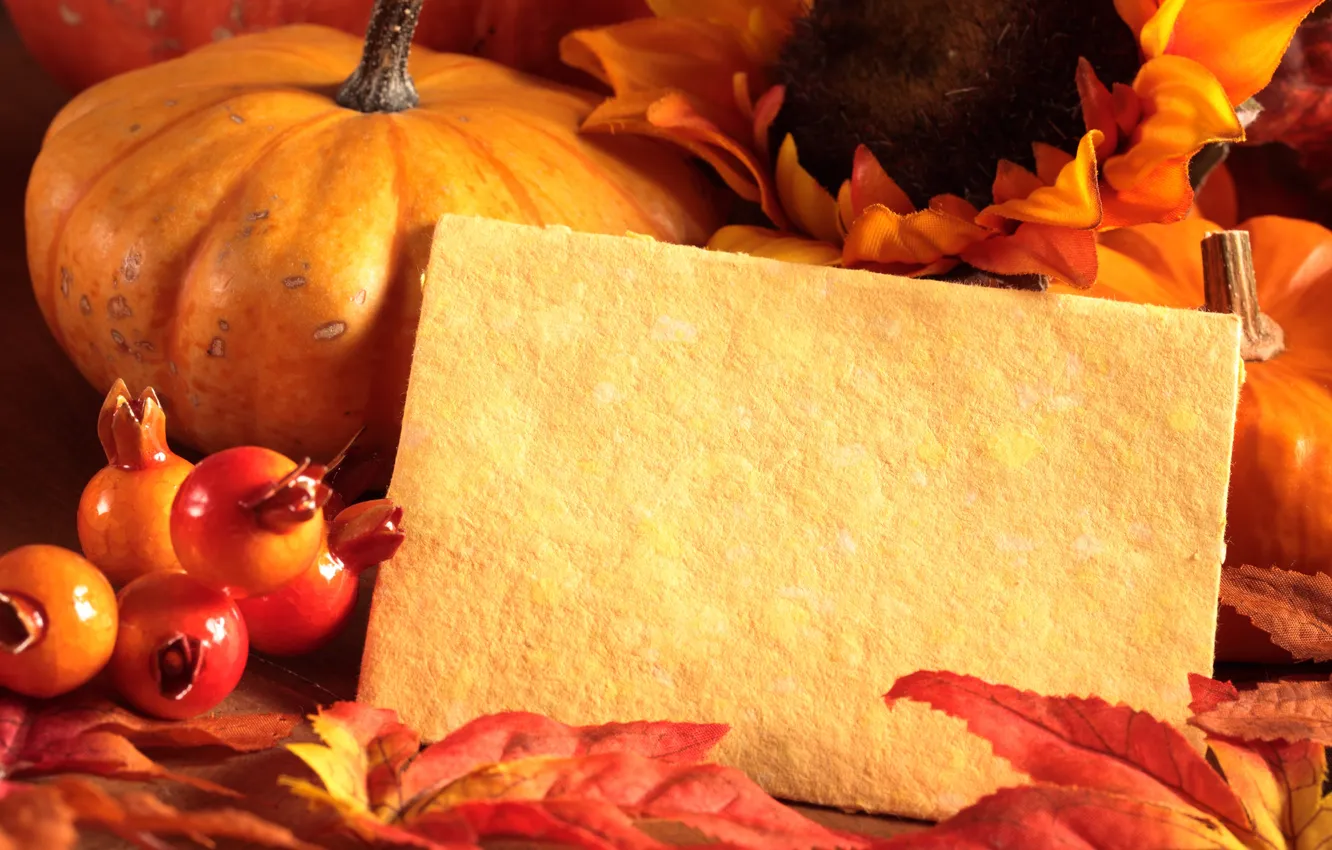 Photo wallpaper autumn, leaves, berries, pumpkin