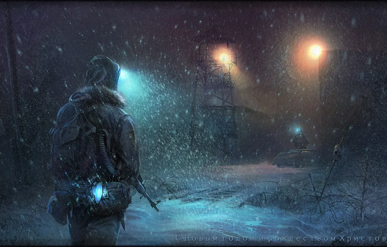 Photo wallpaper winter, snow, art, soldiers, stalkers, survarium