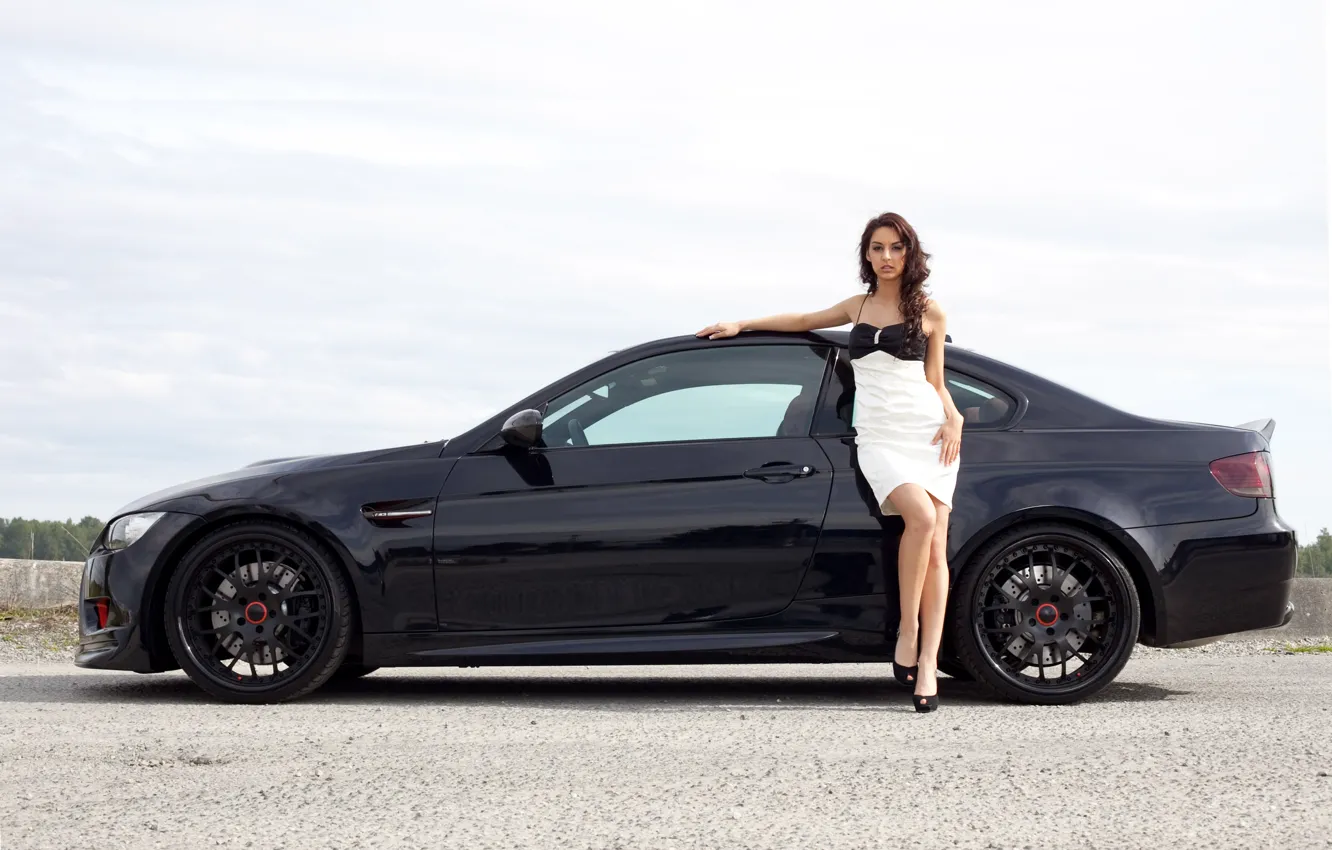 Photo wallpaper girl, hair, BMW, dress, wheel, black, beautiful, drives
