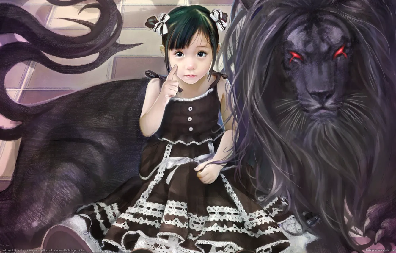 Photo wallpaper figure, Girl, black lion