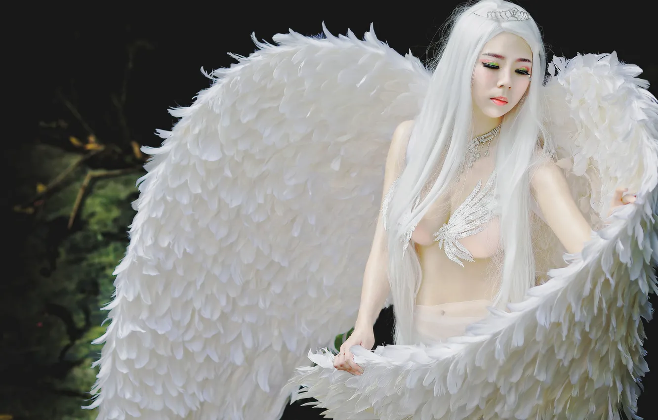 Photo wallpaper girl, style, wings, feathers, makeup, Asian, Swan