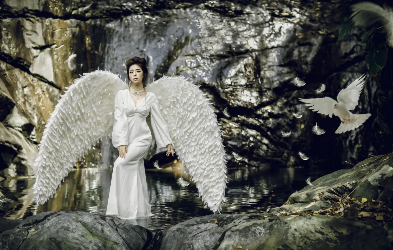 Photo wallpaper water, girl, style, bird, dove, wings, feathers, dress