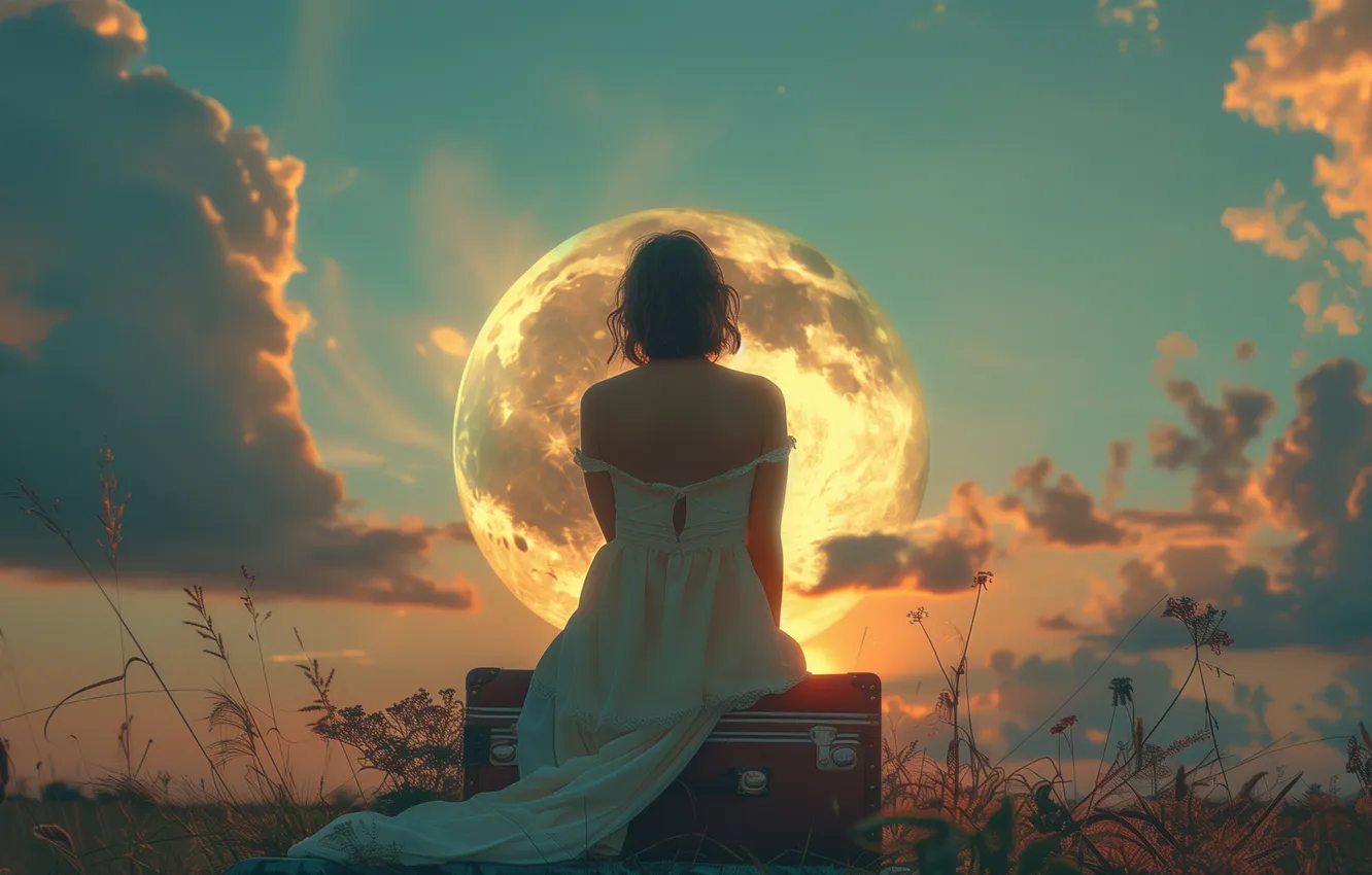 Photo wallpaper girl, clouds, the moon, back, suitcase, the full moon, digital art, Supermoon