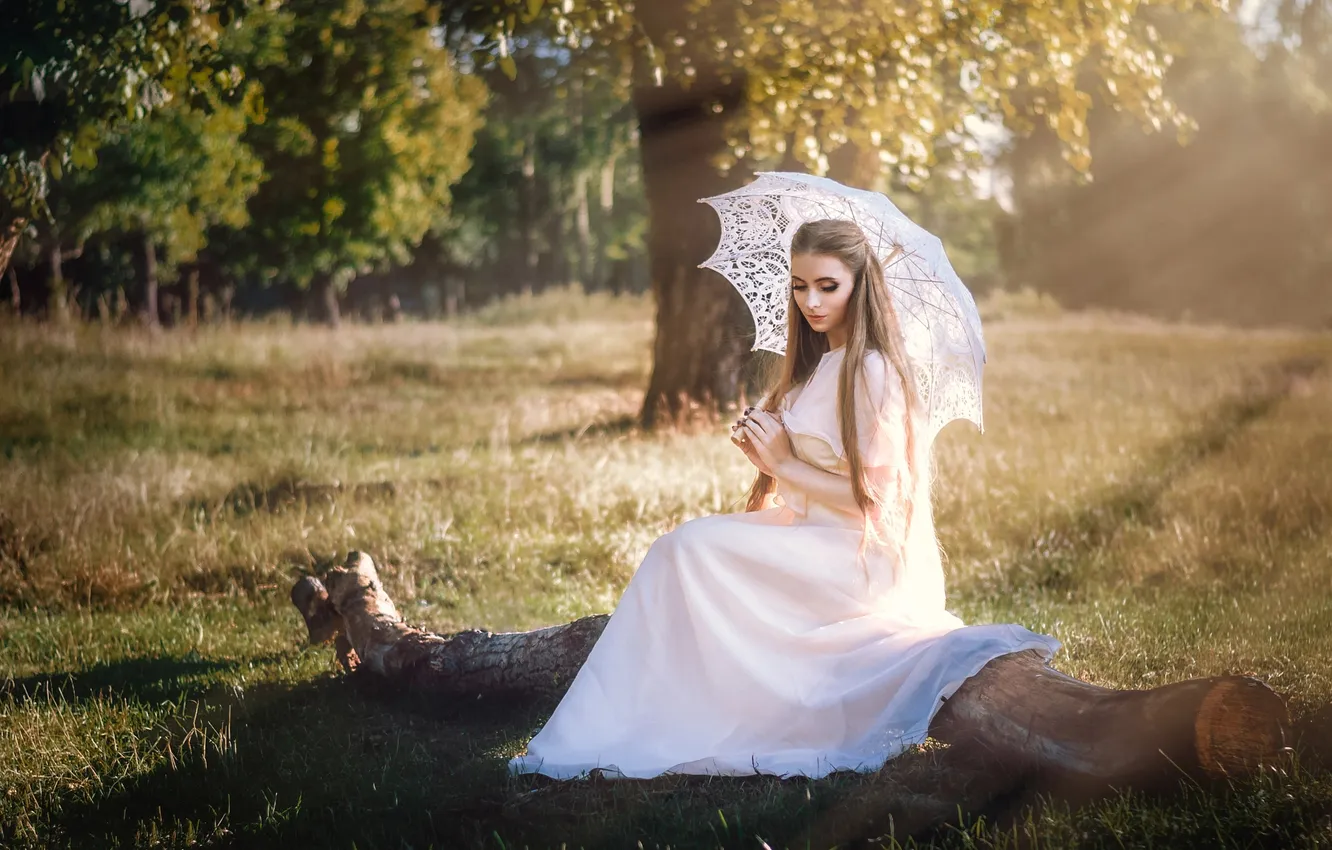 Photo wallpaper girl, nature, glade, umbrella