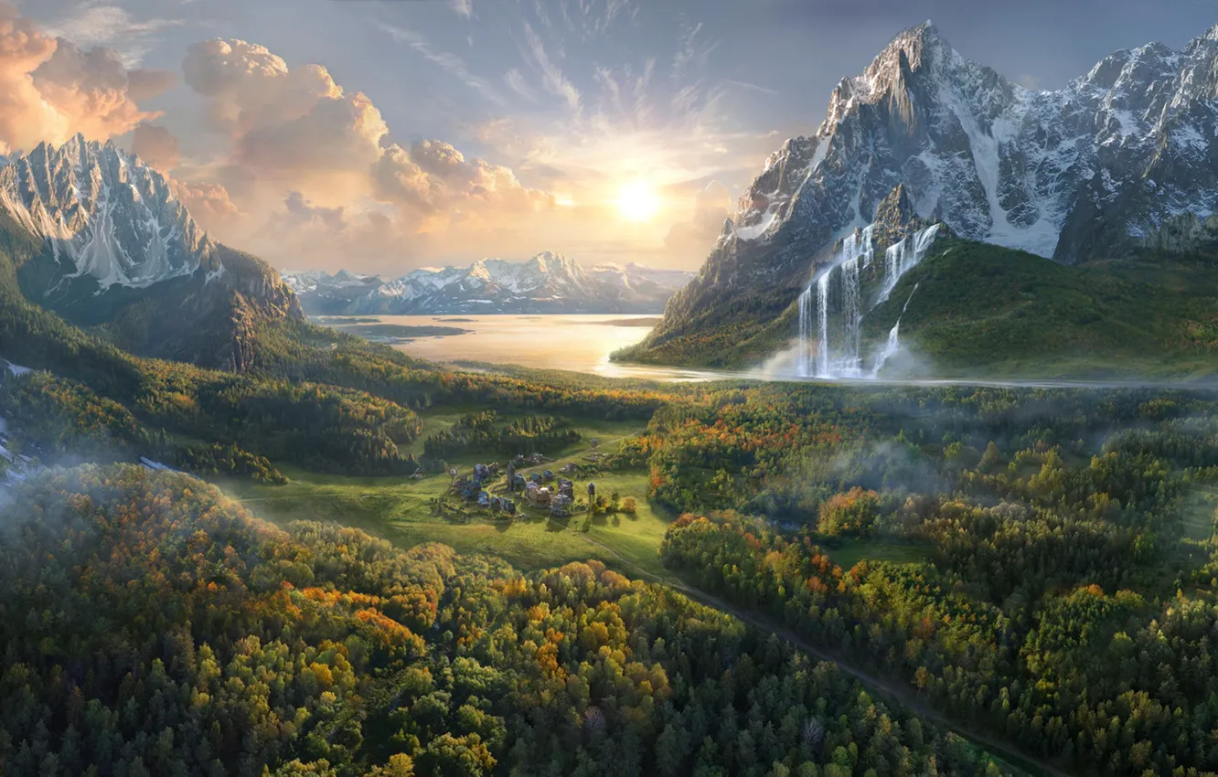 Photo wallpaper mountains, lake, waterfall, valley, town, Olga Antonenko