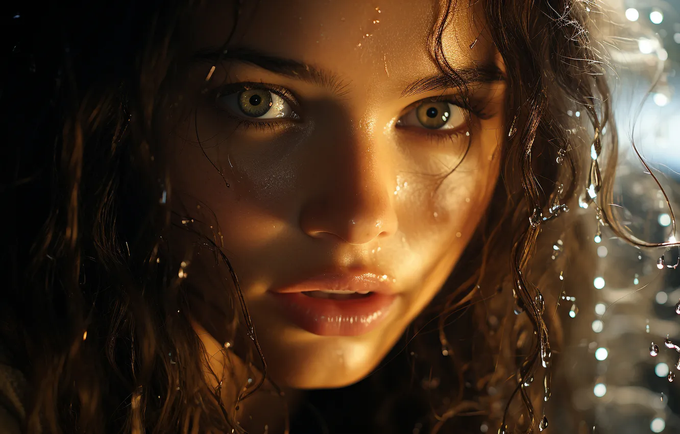 Photo wallpaper look, girl, drops, light, face, rain, portrait, brown hair