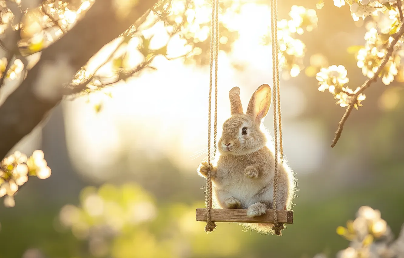 Photo wallpaper look, light, flowers, branches, Park, swing, tree, legs