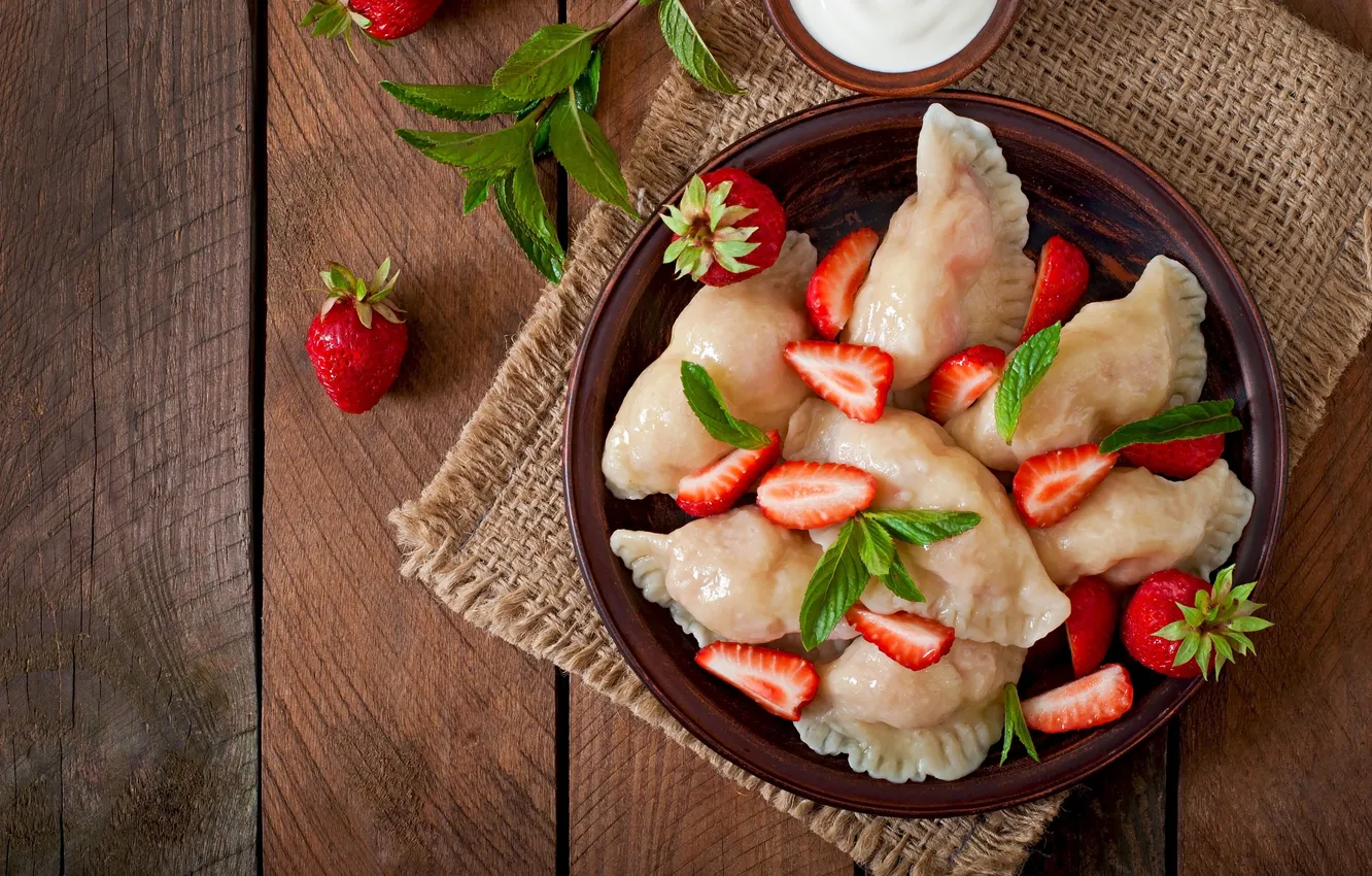 Photo wallpaper berries, strawberry, leaf, mint, sour cream, dumplings