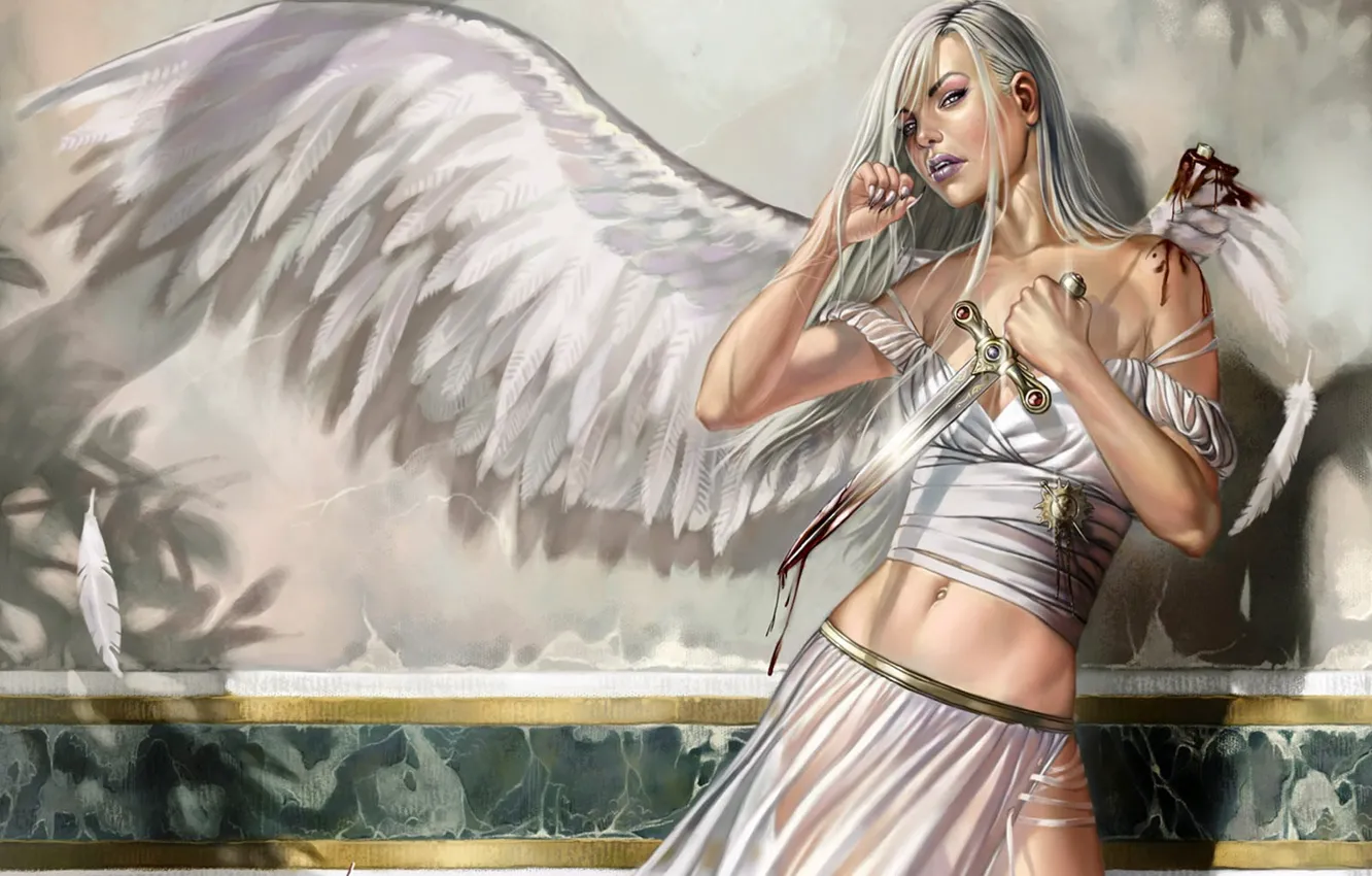 Photo wallpaper girl, blood, wings, angel, knife