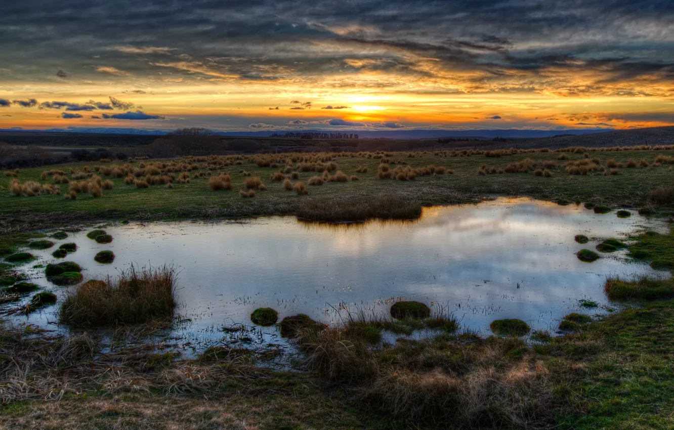 Photo wallpaper field, sunset, lake, swamp, dal, bumps