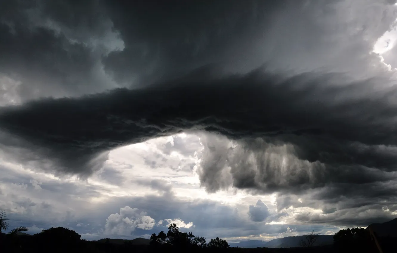 Photo wallpaper the storm, the sky, trees, landscape, clouds, nature, lightning, horizon