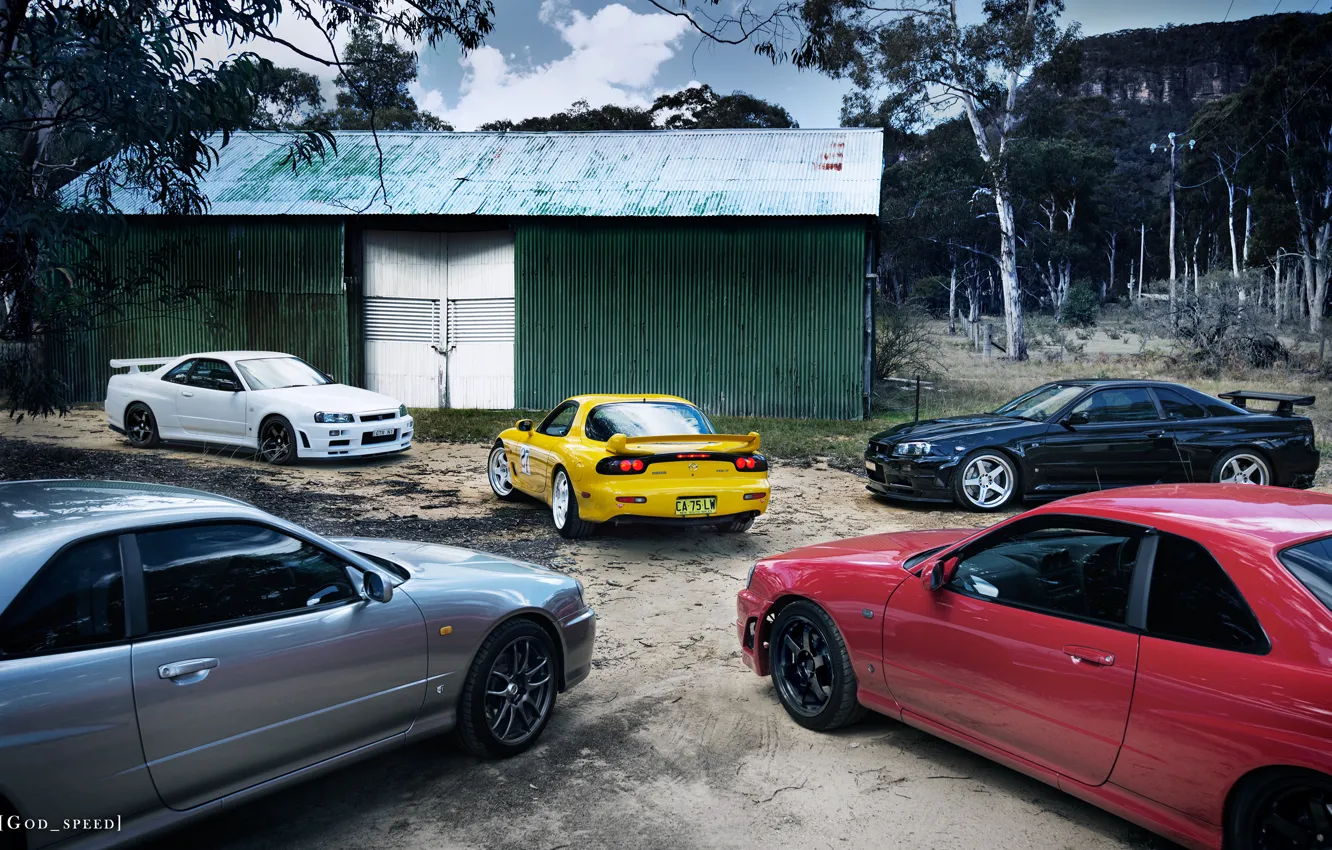 Photo wallpaper Mazda, Nissan, Mazda, RX-7, R34, GT-R V.spec N1, GTt, GT-R V.spec II