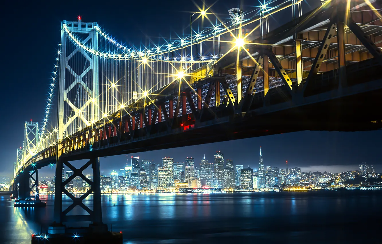 Photo wallpaper night, bridge, lights, Bay, Golden Gate, USA, San Francisco