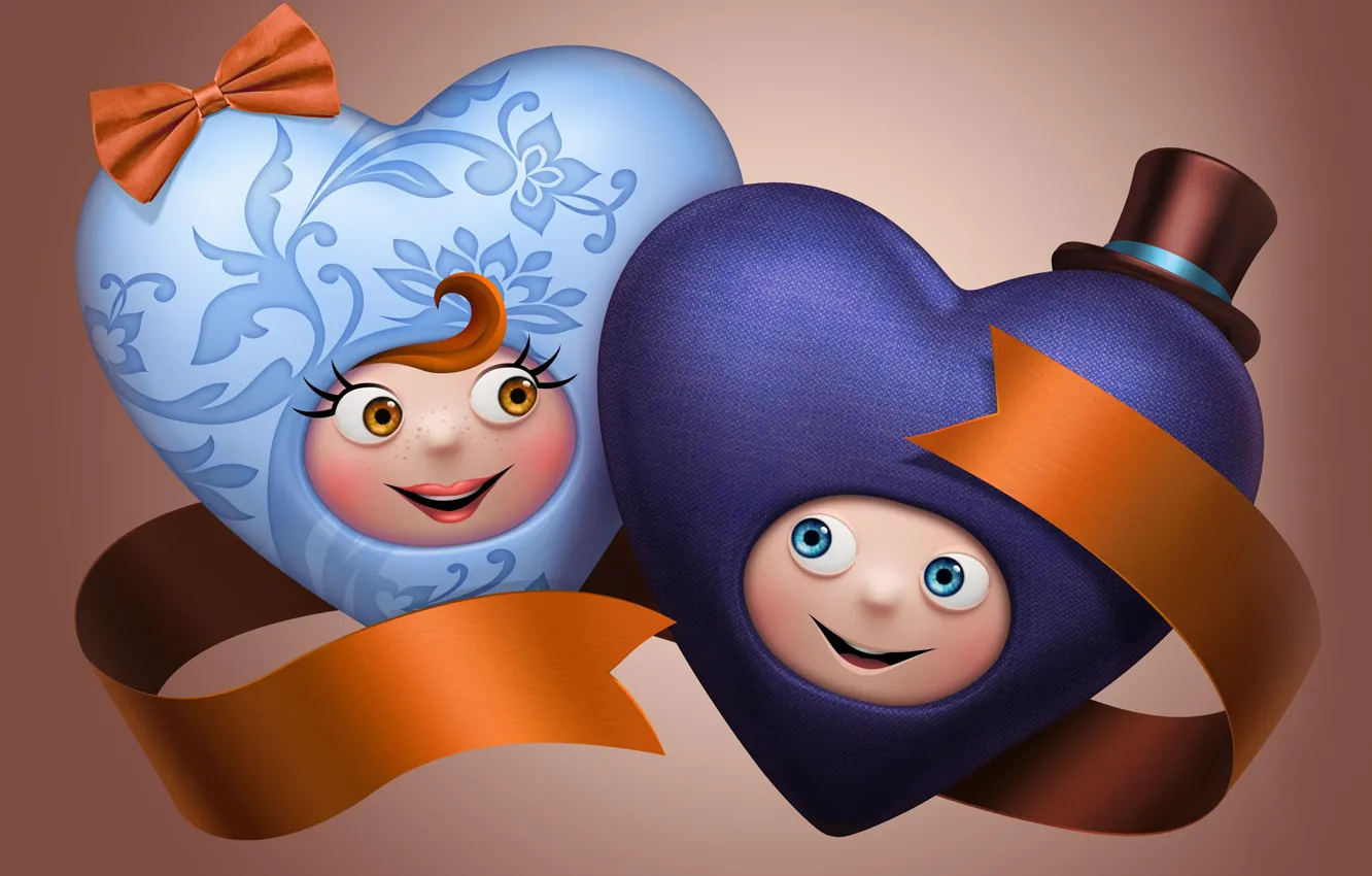 Photo wallpaper face, heart, two, hat, art, tape, bow, a couple