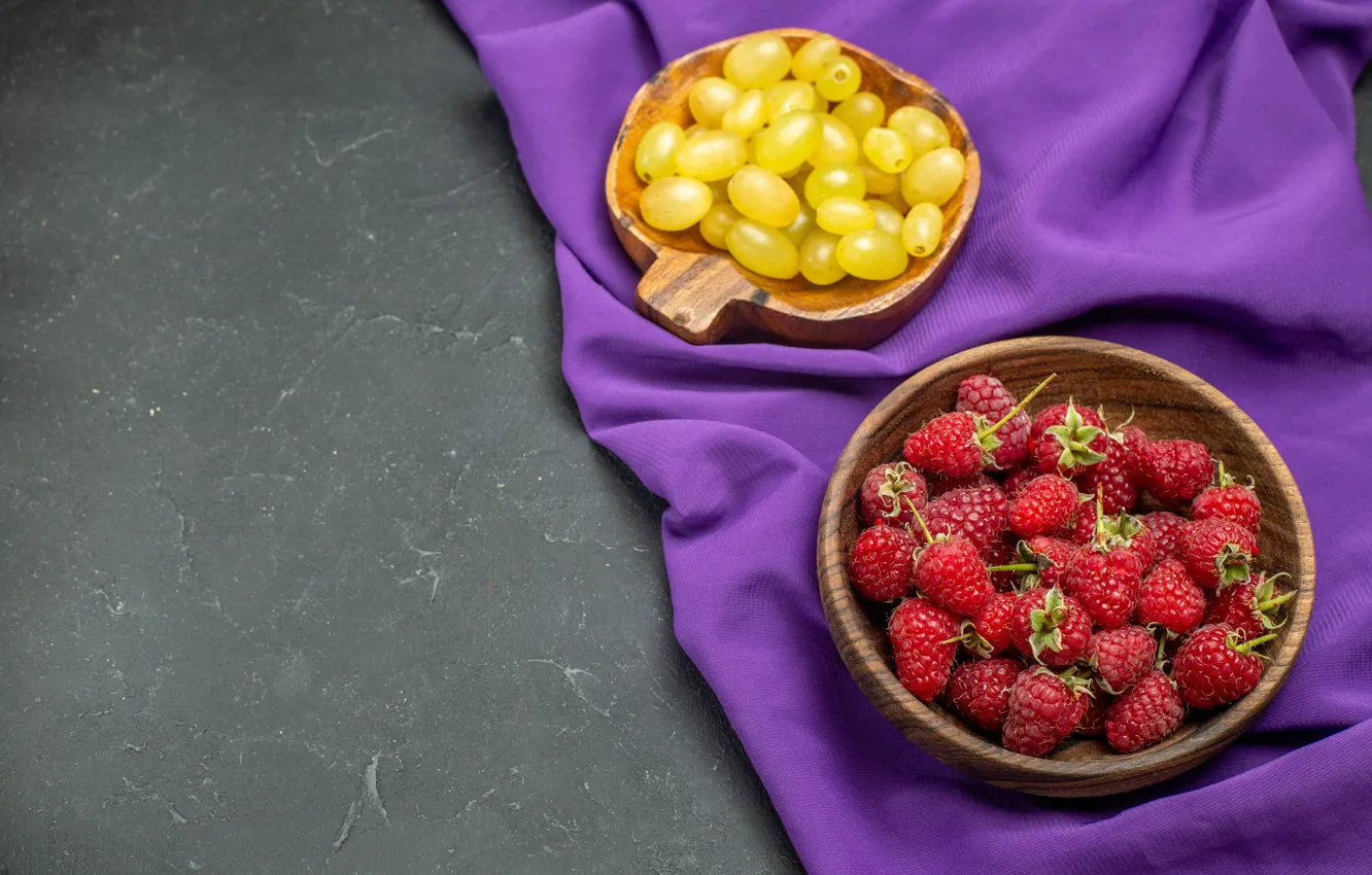 Photo wallpaper berries, raspberry, grapes, fabric, bowl