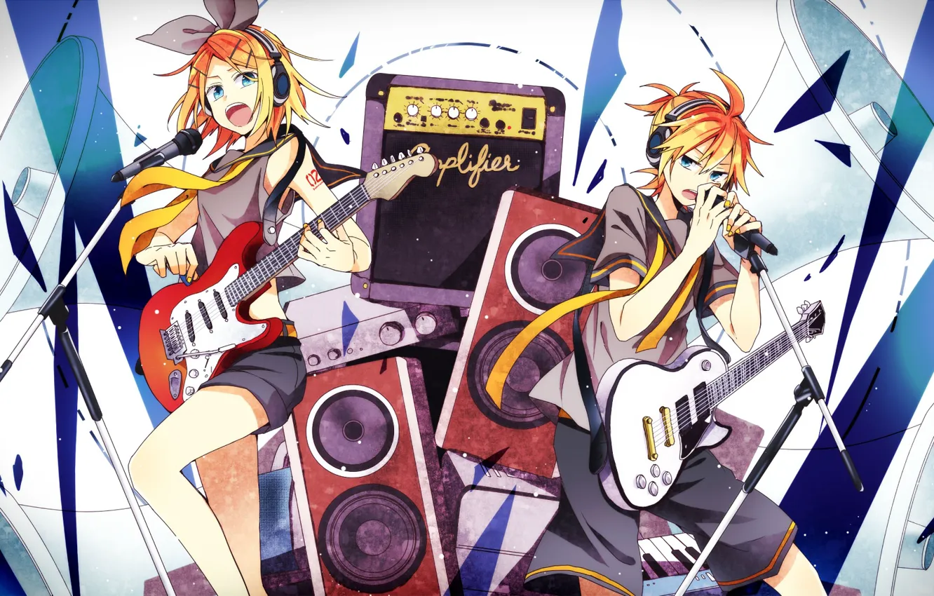 Photo wallpaper scene, guitar, anime, art, microphone, two, Vocaloid, Vocaloid