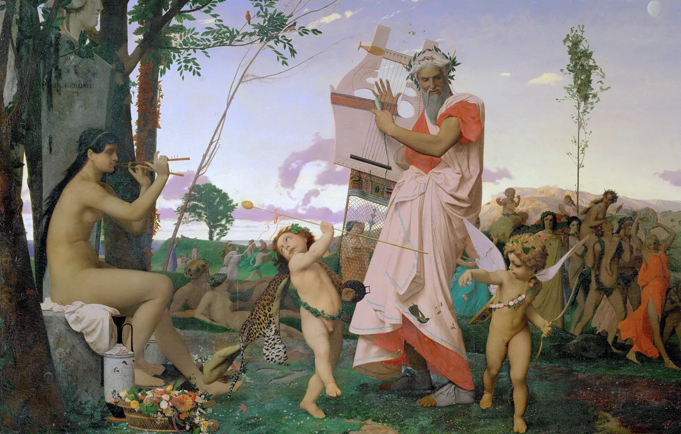 Photo wallpaper picture, mythology, Jean-Leon Gerome, The Anacreon, Bacchus and Cupid