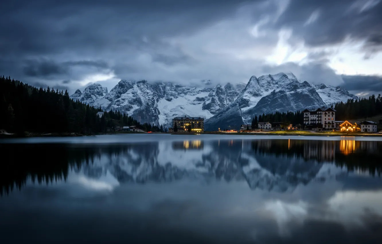 Photo wallpaper winter, the sky, clouds, snow, mountains, clouds, lights, lake