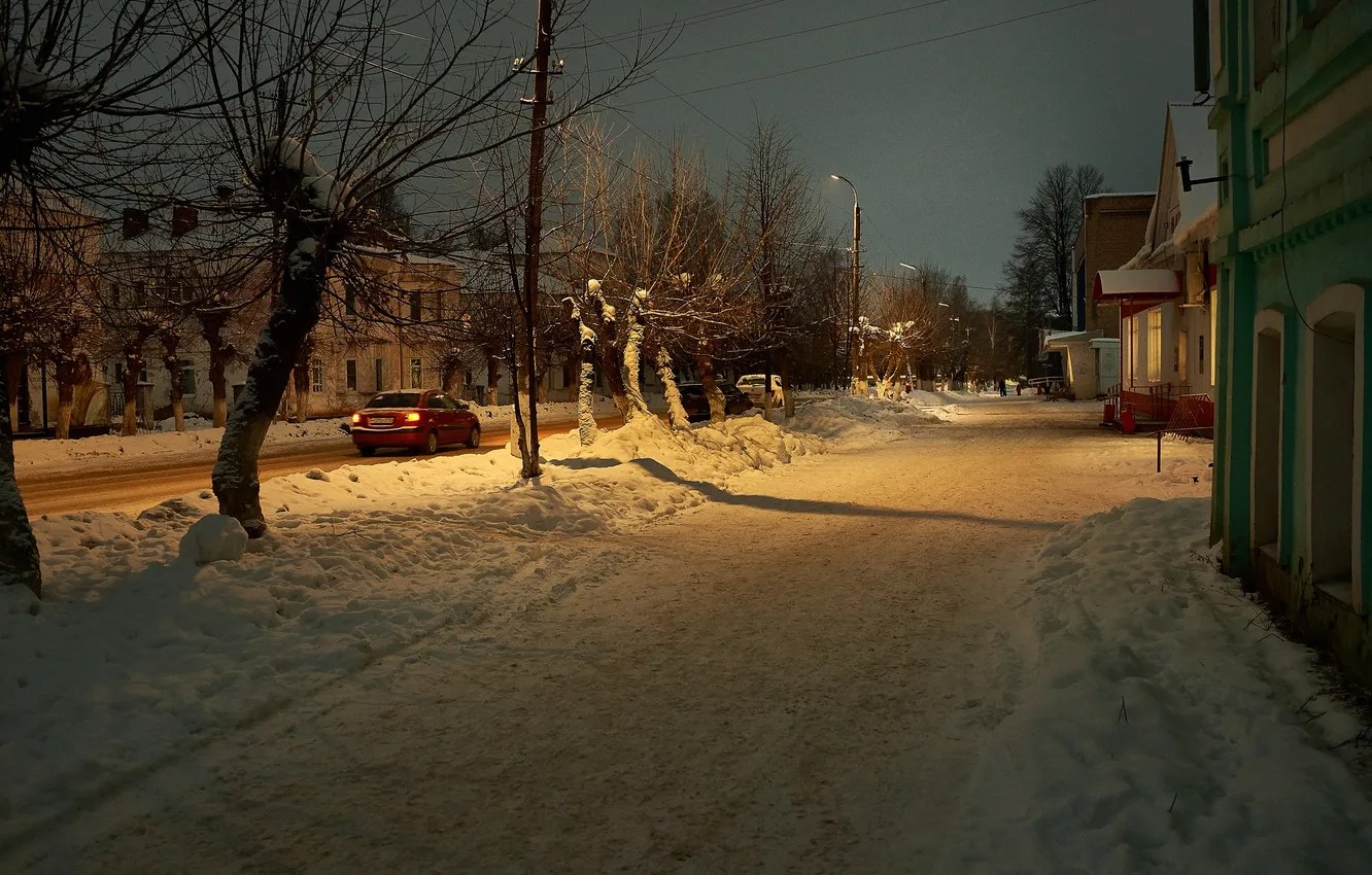 Photo wallpaper winter, road, the sky, snow, night, city, the city, lights