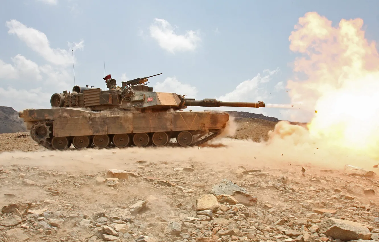 Photo wallpaper flame, shot, tank, USA, Abrams, military equipment