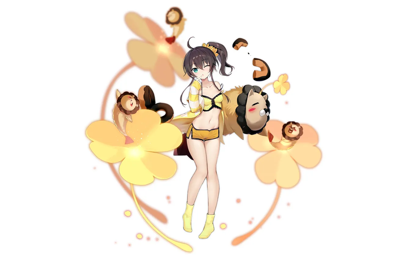 Photo wallpaper girl, sexy, cleavage, shorts, blouse, green eyes, long hair, boobs