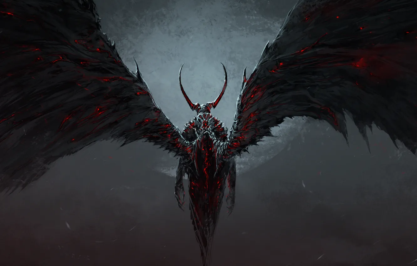 Photo wallpaper fire, the moon, wings, the demon, art, horns, chris cold
