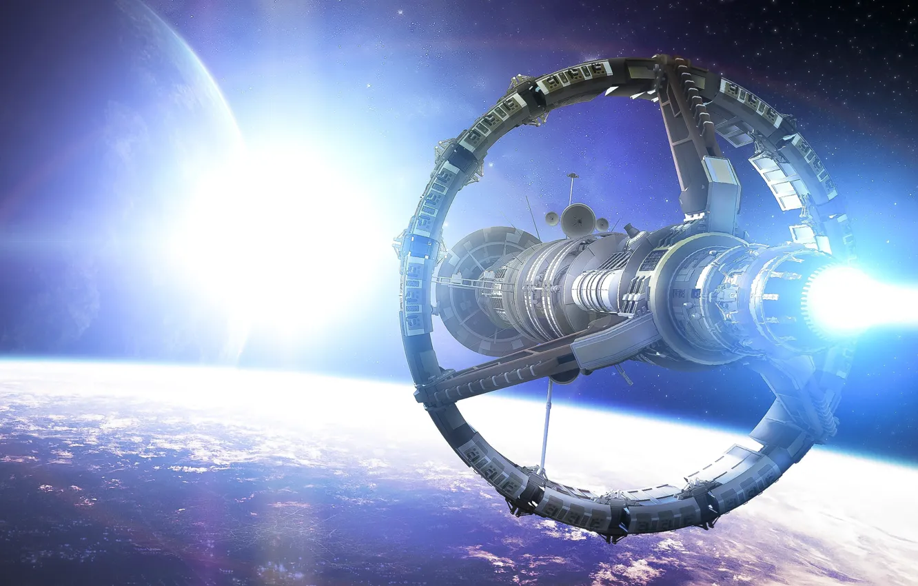 Photo wallpaper space, stars, ship, planet, station, art, orbit