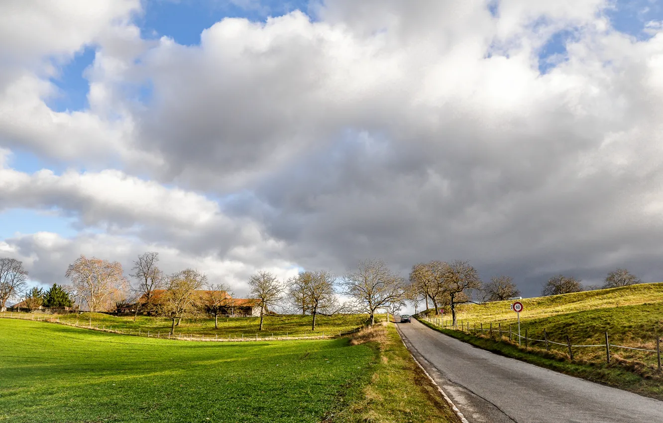 Photo wallpaper field, autumn, clouds, village, track, field, Autumn, clouds