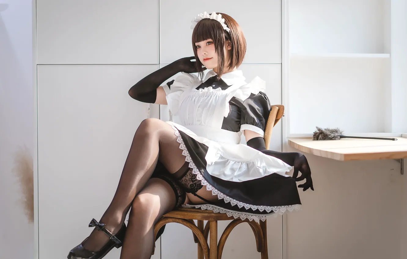 Photo wallpaper gloves, legs, Asian, gesture, beautiful girl, black stockings, the legs