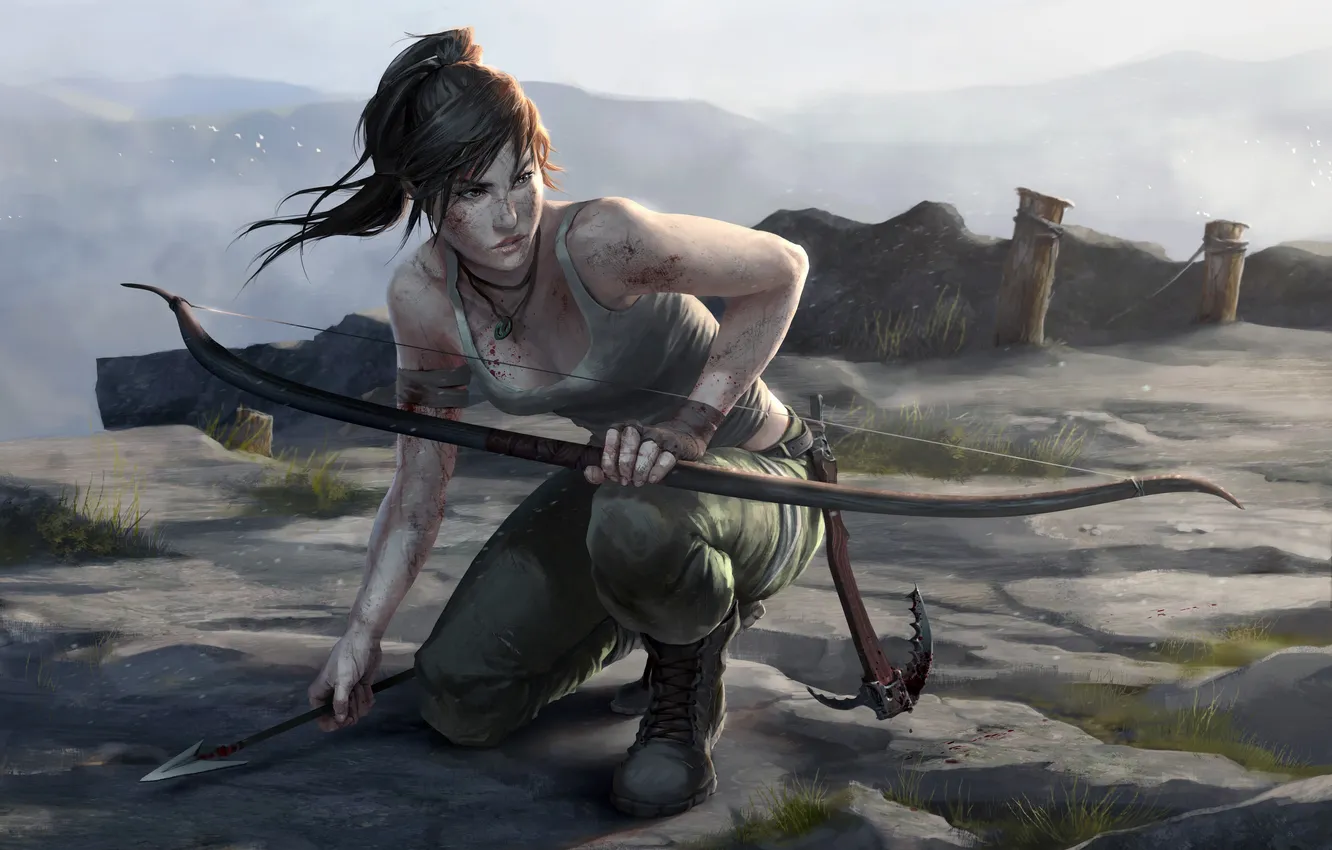 Photo wallpaper girl, mountains, blood, bow, art, Tomb Raider, Lara Croft, wounds