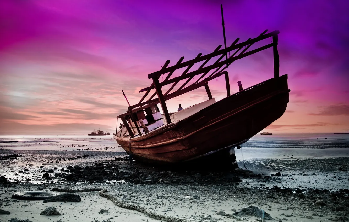 Photo wallpaper sea, sunset, ship