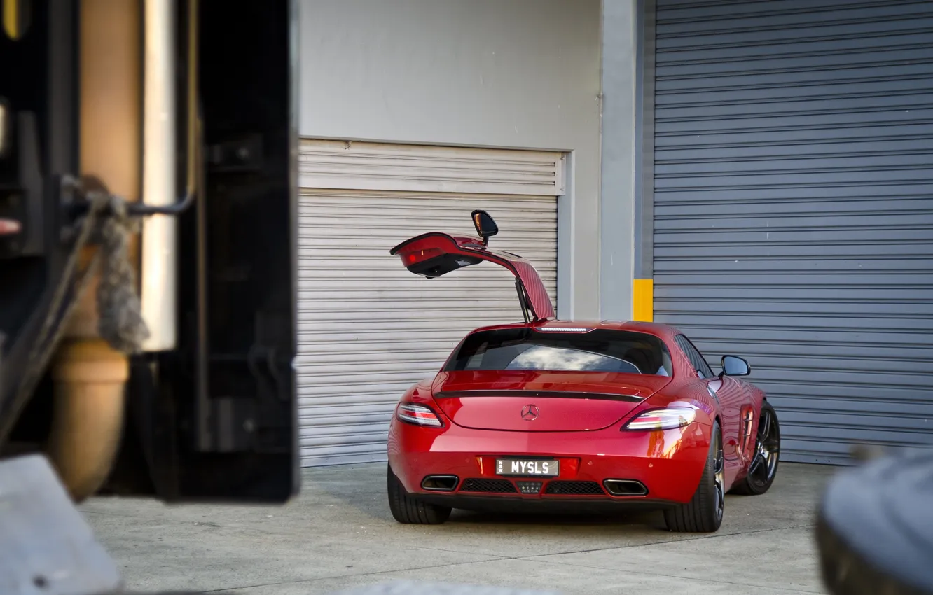 Photo wallpaper red, red, SLS AMG, Mercedes Benz, back, Mercedes Benz, blinds, SLS AMG