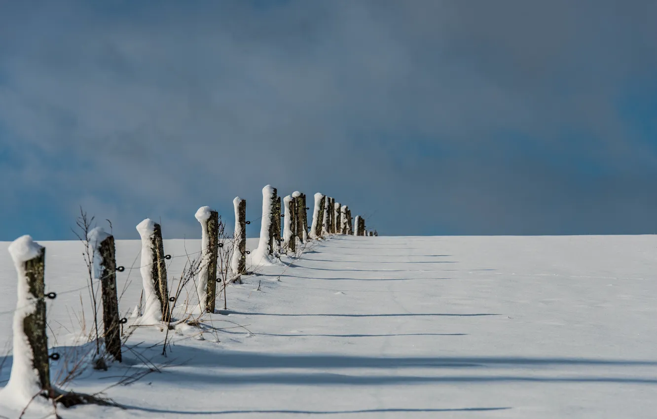 Photo wallpaper winter, field, clouds, snow, the fence, shadow, farm