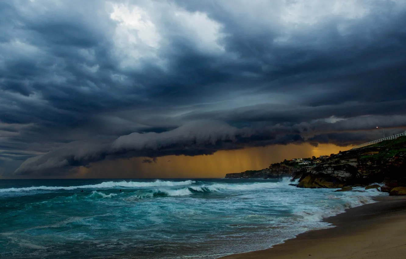 Photo wallpaper waves, storm, beach, cloudy, raining, troubled sea