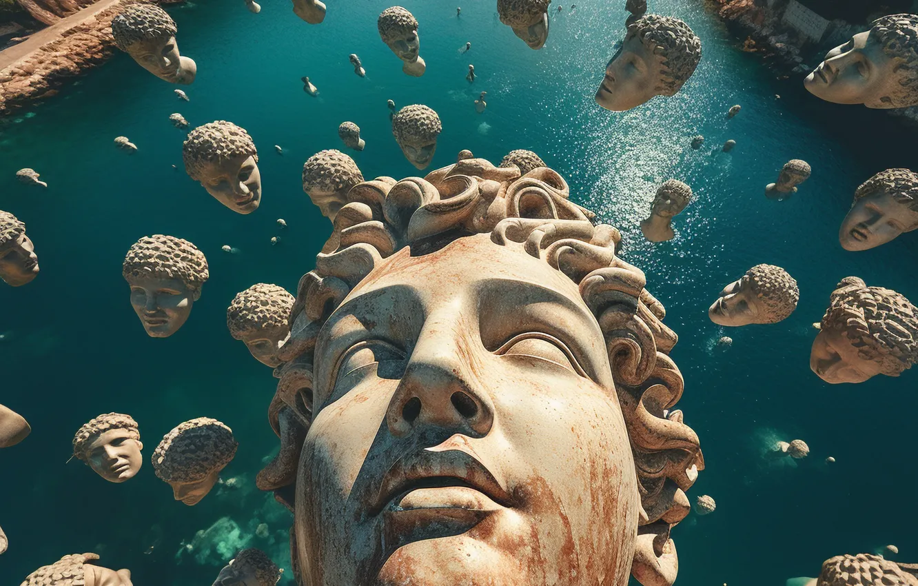 Photo wallpaper Water, Large, Head, Top, Sculpture, Bust, Digital art, AI art