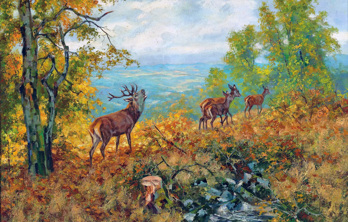 Photo wallpaper Grass, Trees, Picture, Deer, Austrian artist, Erich Dichtl, Erich Dichtl, Deer herd