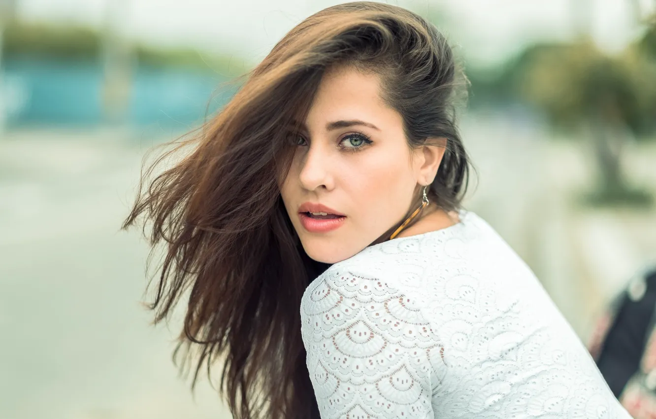 Photo wallpaper look, girl, background, portrait, makeup, brunette, hairstyle, blouse