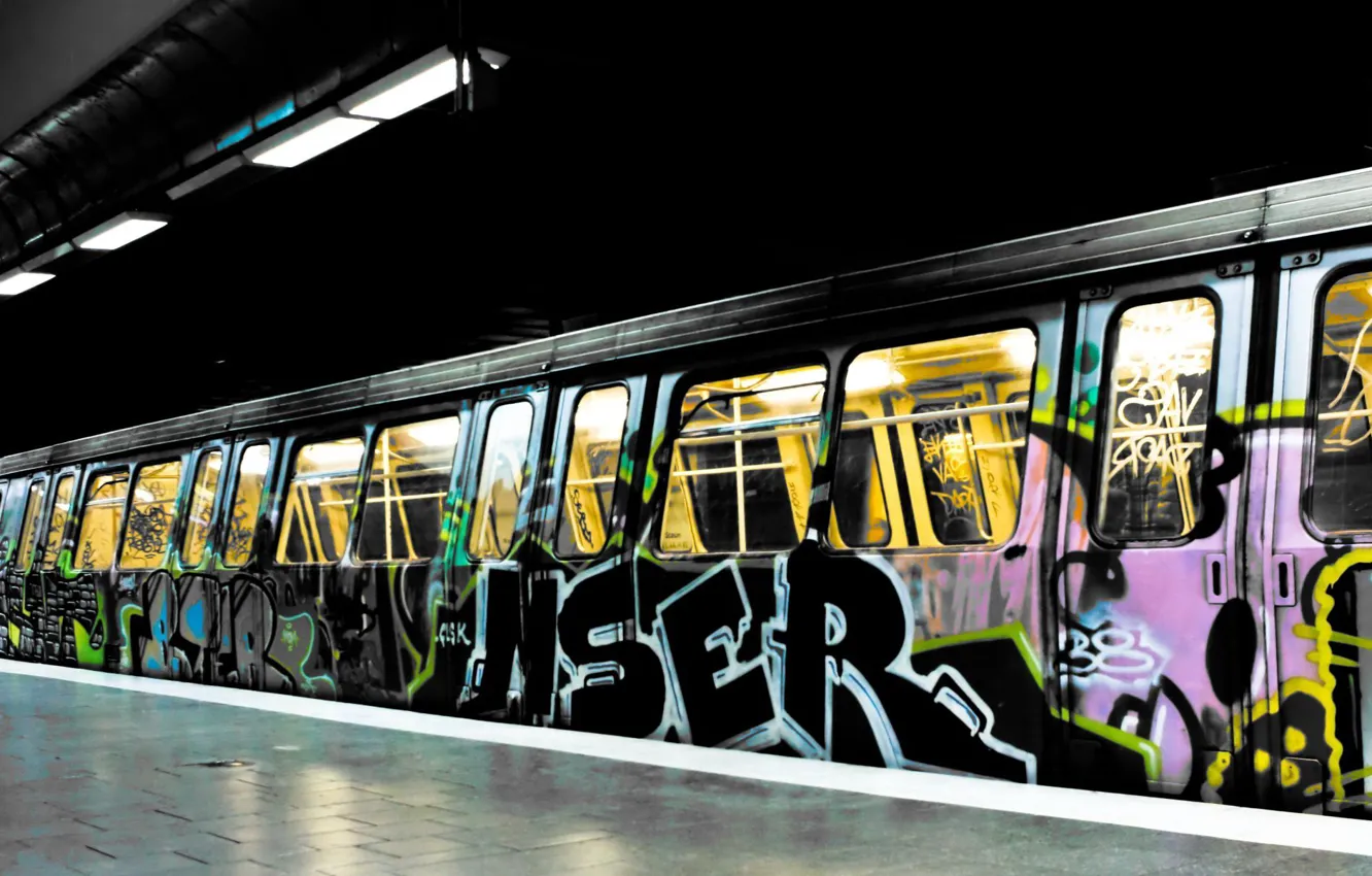 Photo wallpaper light, city, the city, metro, the inscription, paint, figure, train