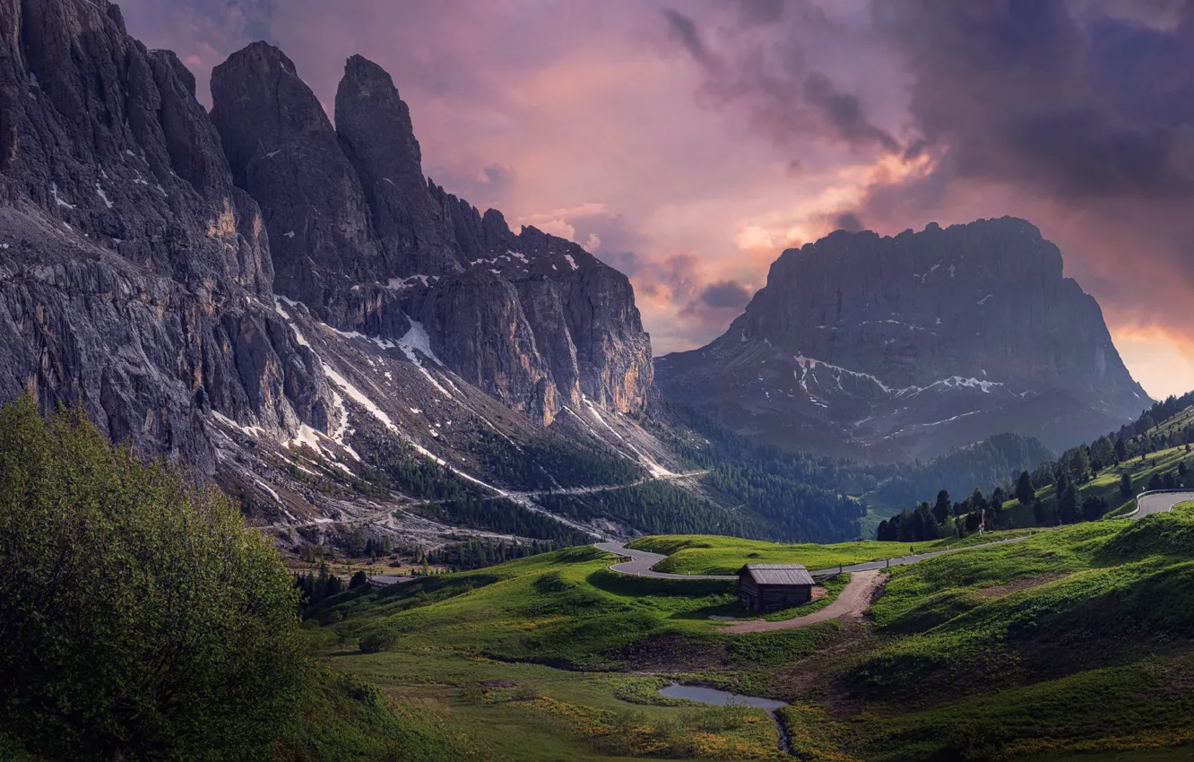 Photo wallpaper field, forest, mountains, tops, slope, house, The Dolomites