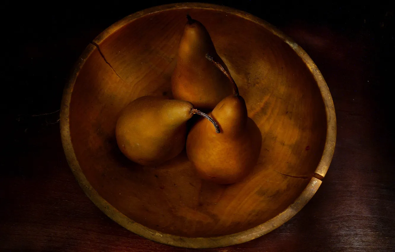 Photo wallpaper yellow, cracked, table, old, bowl, fruit, still life, pear