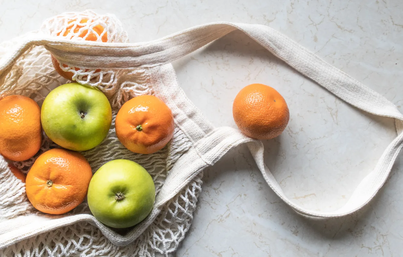 Photo wallpaper mesh, apples, food, bag, fruit, tangerines