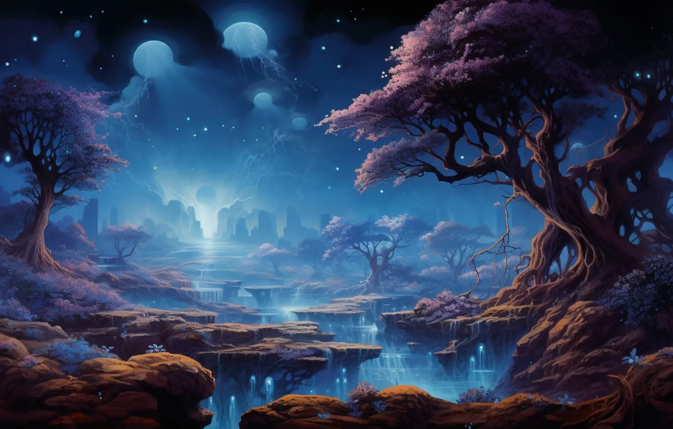 Photo wallpaper trees, night, fog, blue, stones, branch, shore, spring