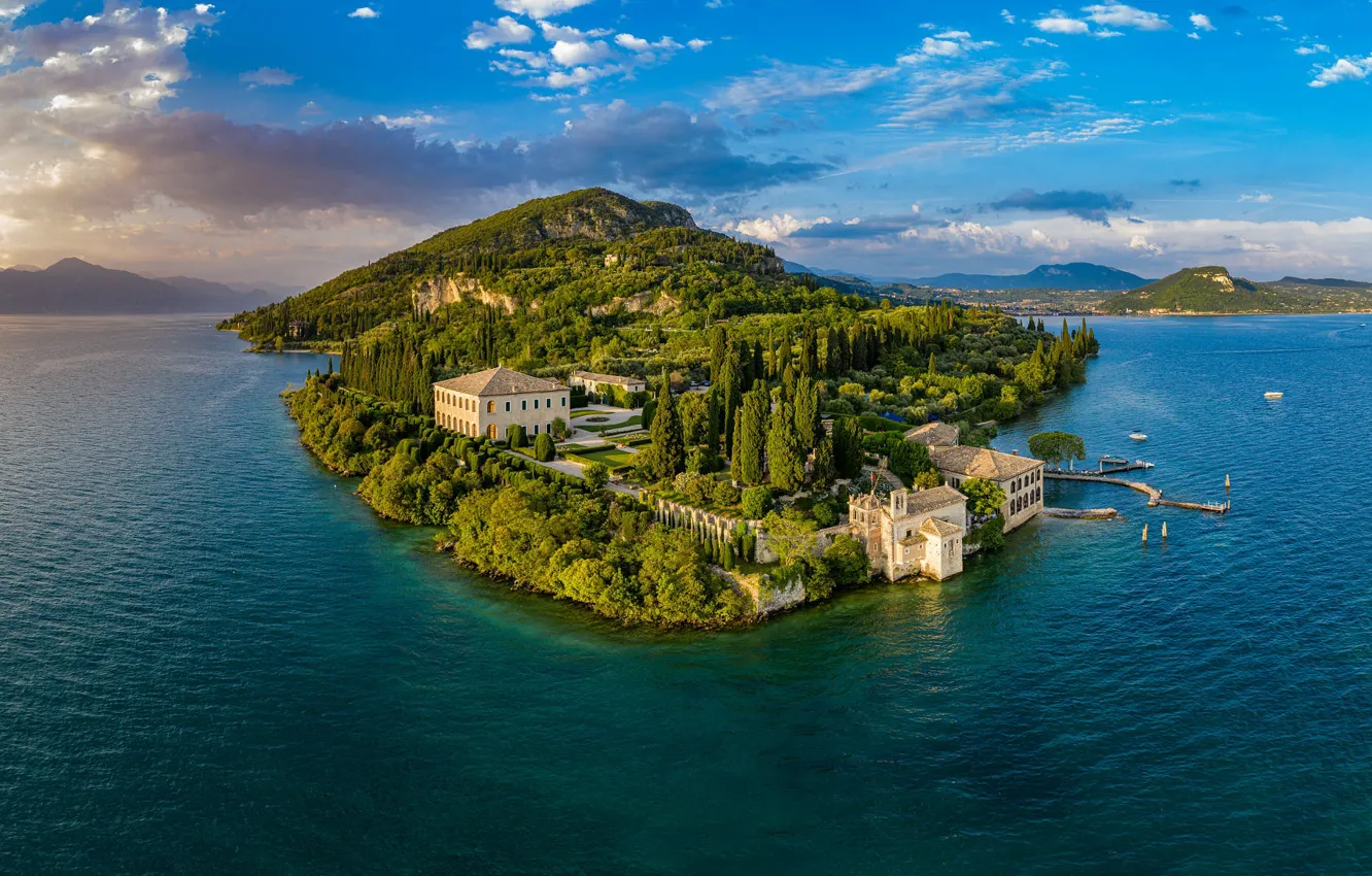 Photo wallpaper landscape, nature, lake, building, home, Italy, Garda