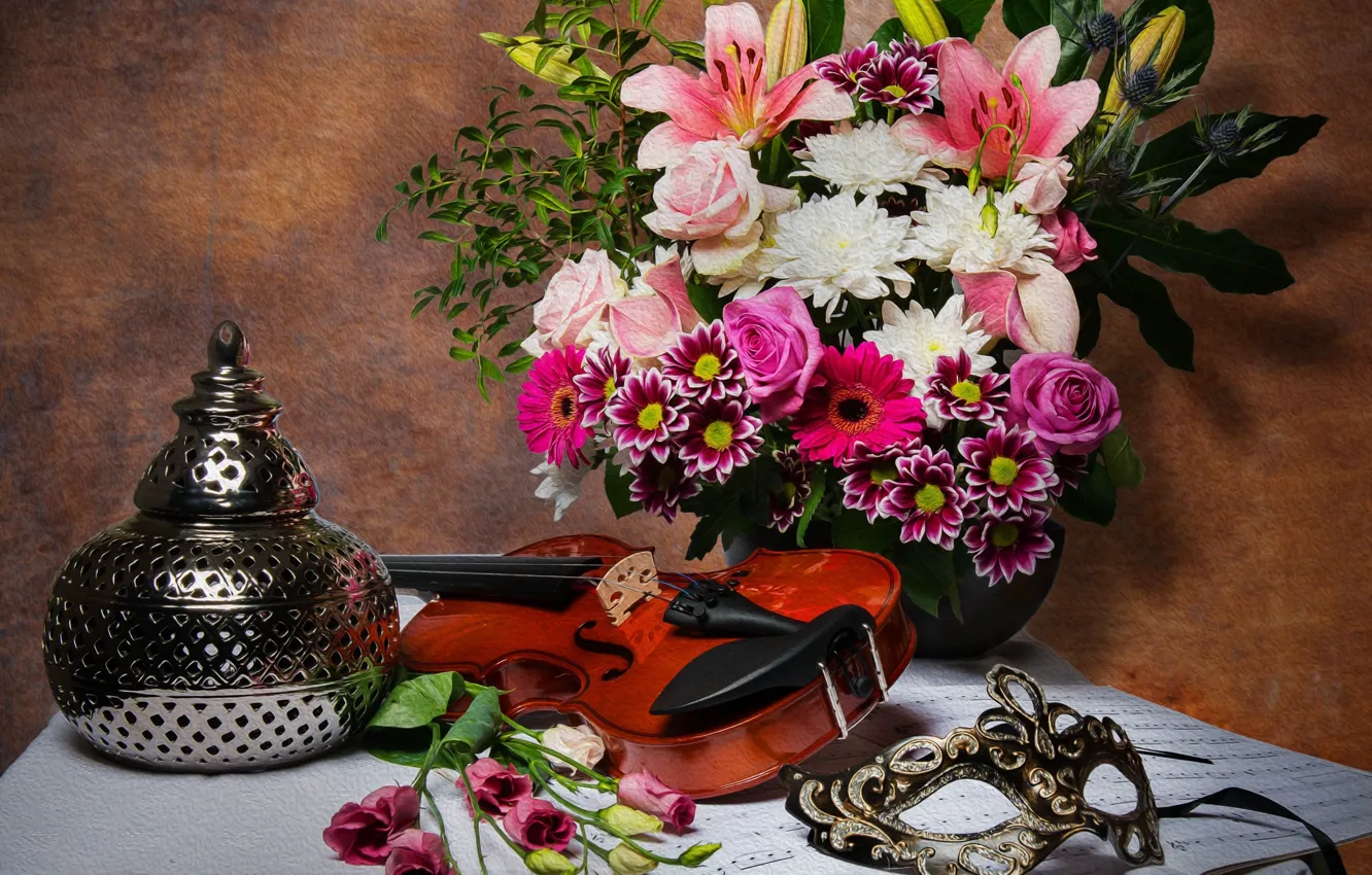 Photo wallpaper violin, Lily, roses, bouquet, mask, still life, chrysanthemum, computer design