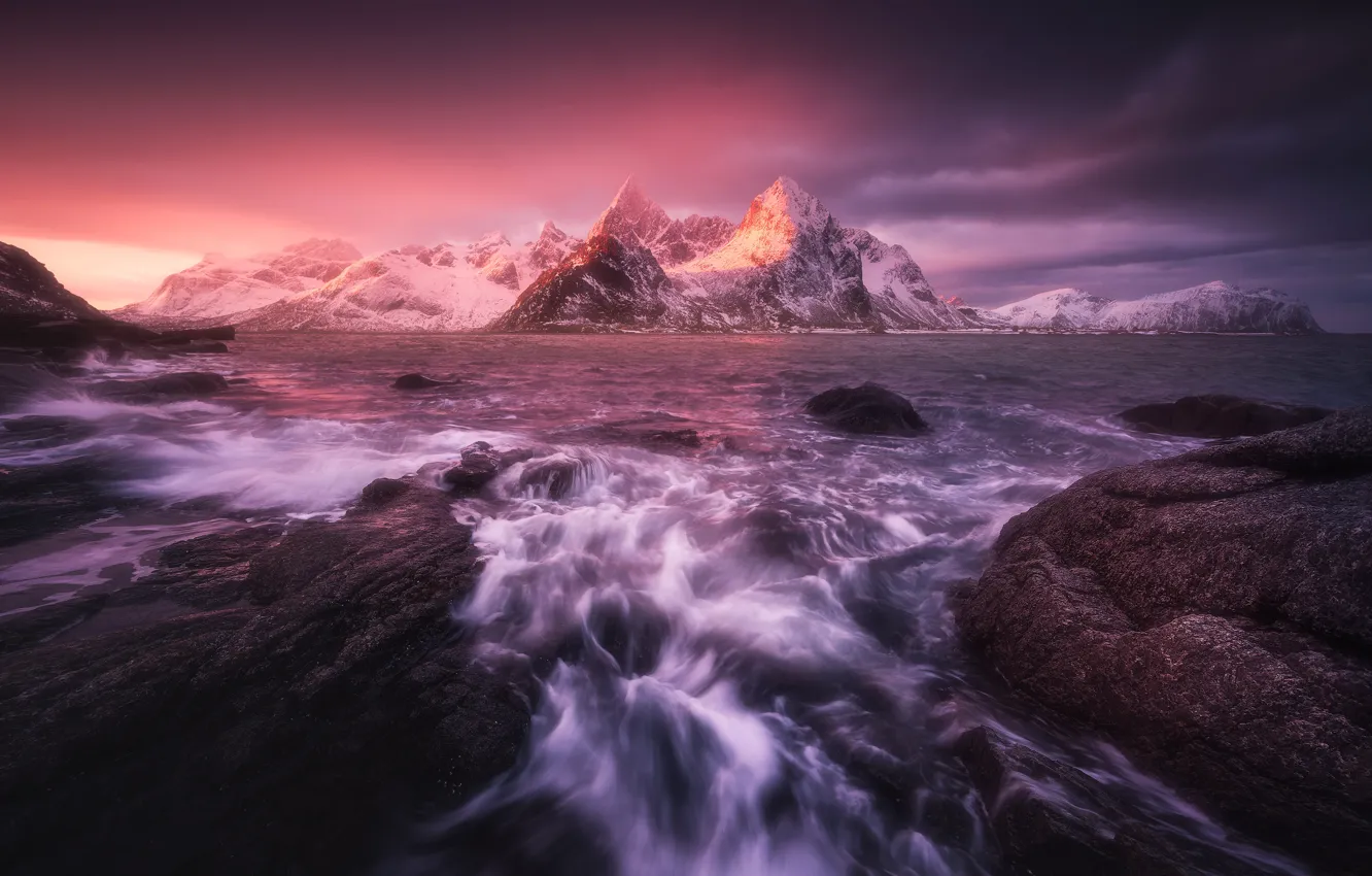 Photo wallpaper sea, mountains, dawn, morning, Norway, Norway, The Lofoten Islands, Lofoten