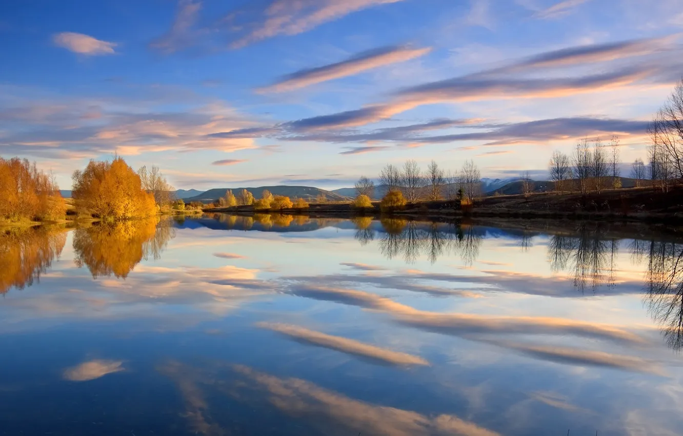 Photo wallpaper autumn, forest, the sky, clouds, trees, landscape, nature, lake