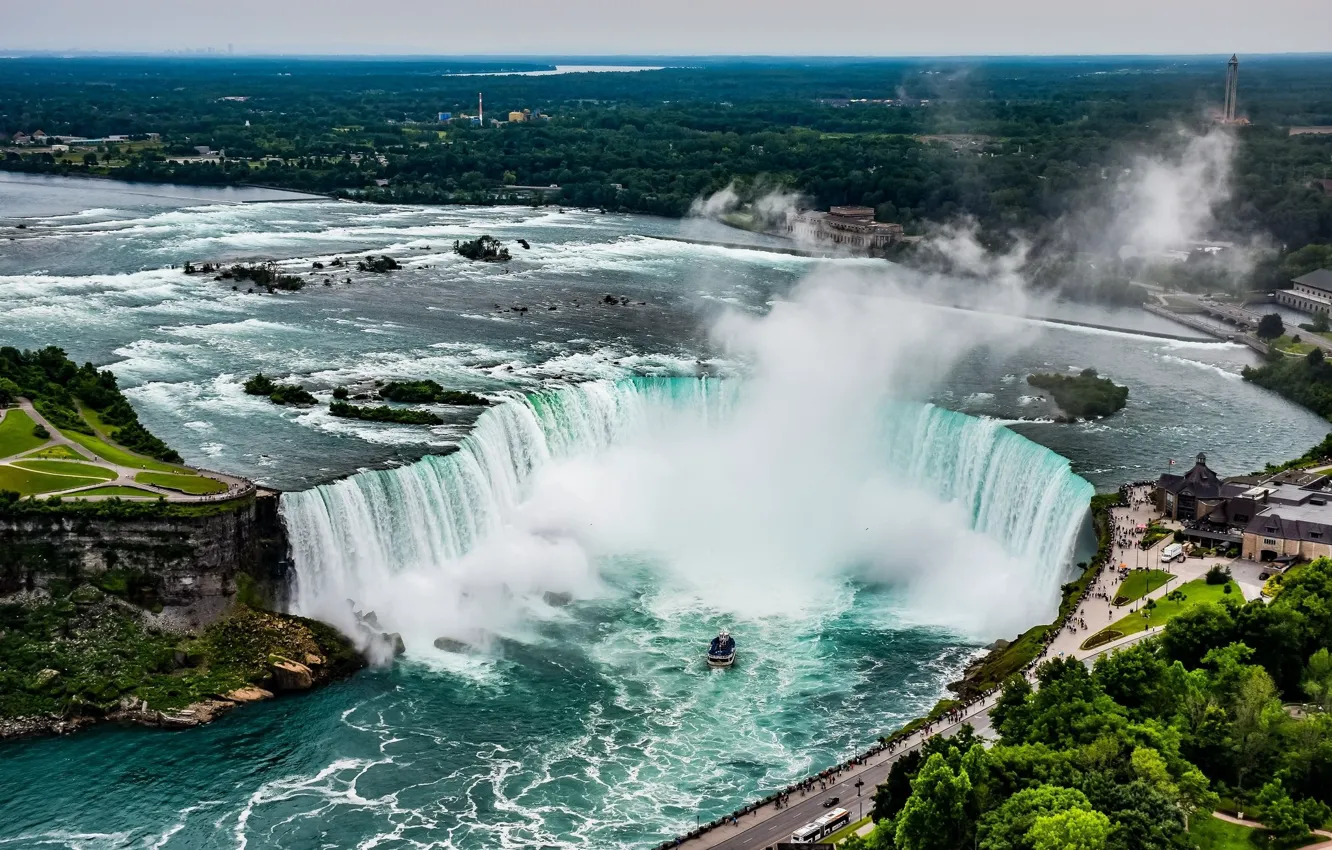 Photo wallpaper nature, waterfall, boat